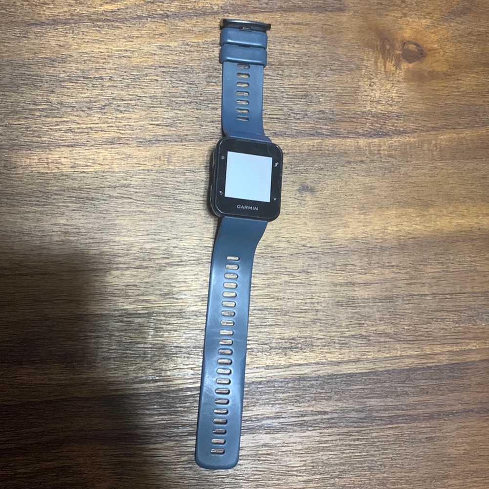 Garmin Forerunner 35 with blue bands and charging cable.